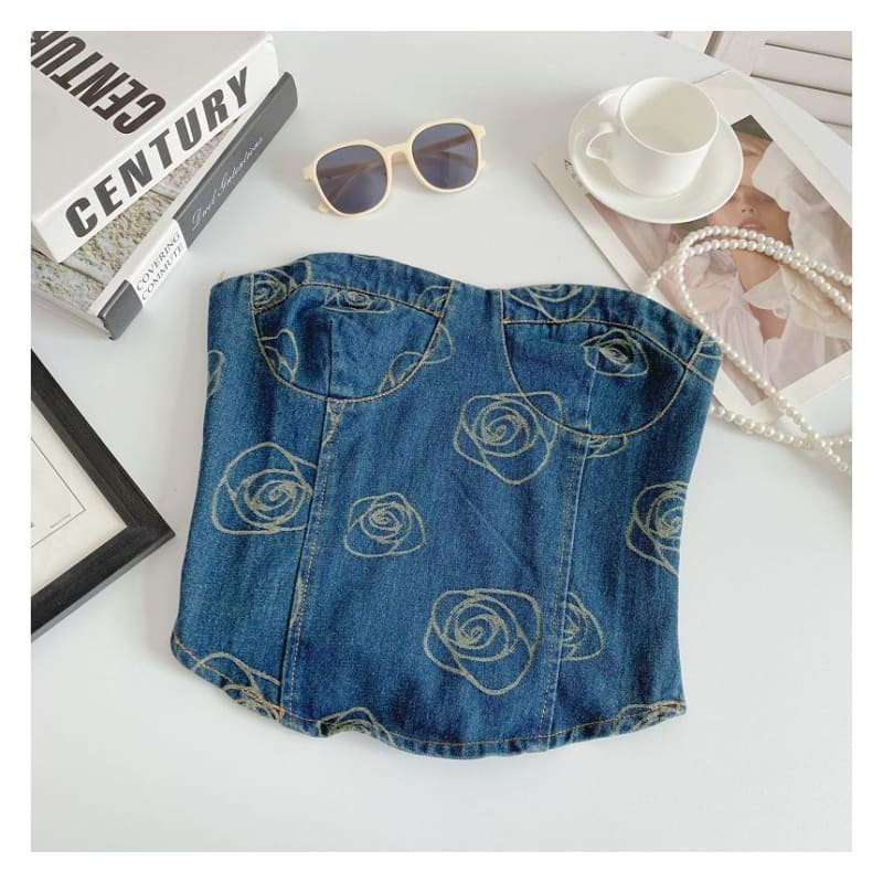 Floral Print Denim Crop Bustier Top