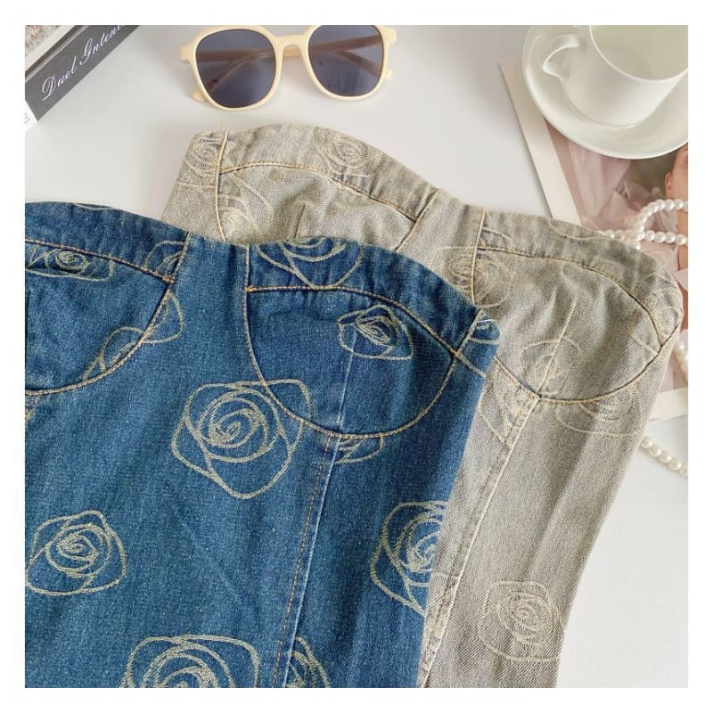 Floral Print Denim Crop Bustier Top