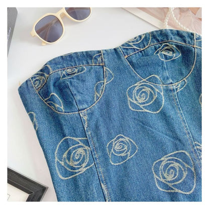 Floral Print Denim Crop Bustier Top