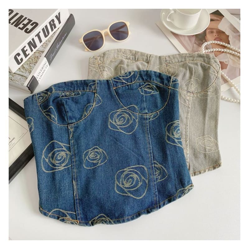 Floral Print Denim Crop Bustier Top