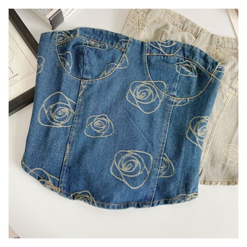 Floral Print Denim Crop Bustier Top