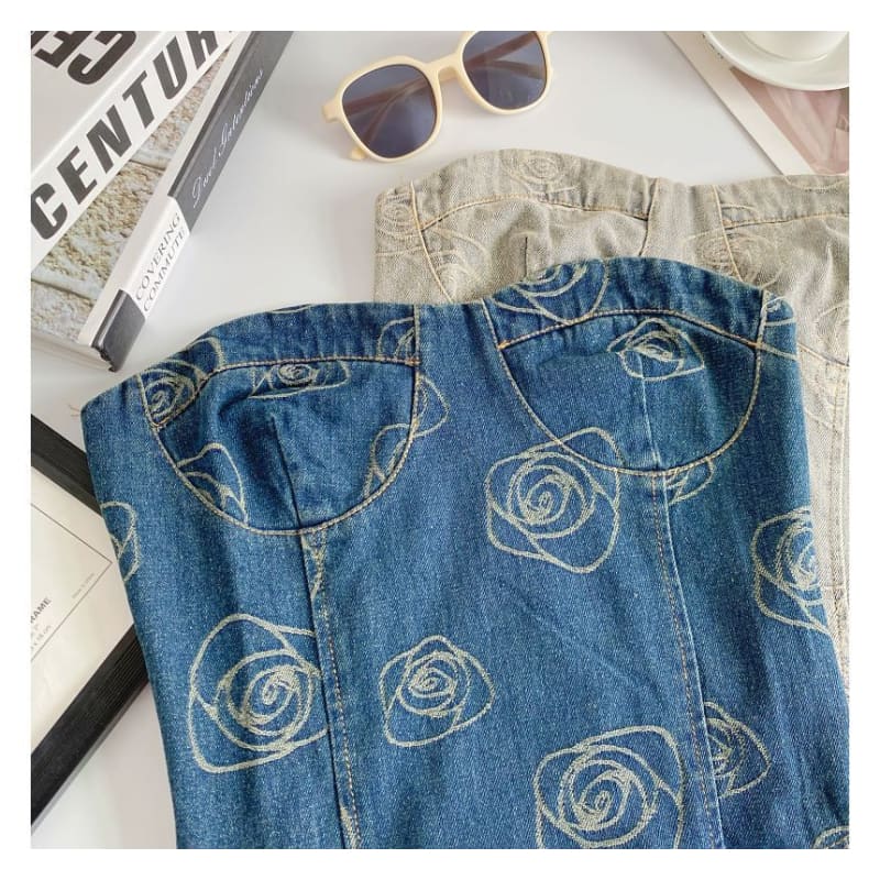 Floral Print Denim Crop Bustier Top