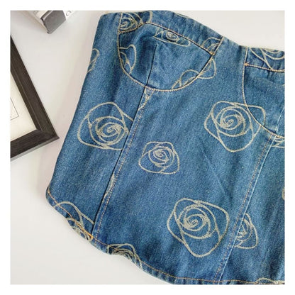 Floral Print Denim Crop Bustier Top