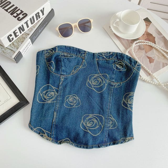 Floral Print Denim Crop Bustier Top - Dark Blue / One Size