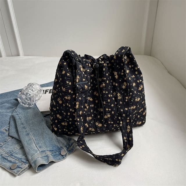 Floral Print Drawstring Tote Bag / Lace Scarf / Set - Tote