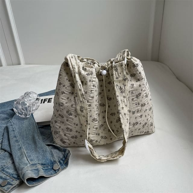 Floral Print Drawstring Tote Bag / Lace Scarf / Set - Tote