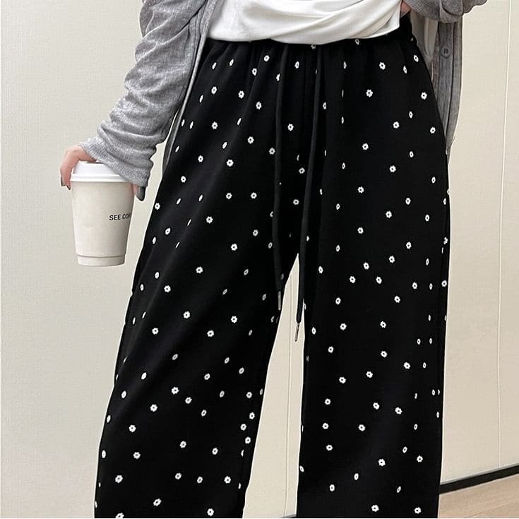 Floral Print High Waist Drawstring Wide Leg Sweatpants