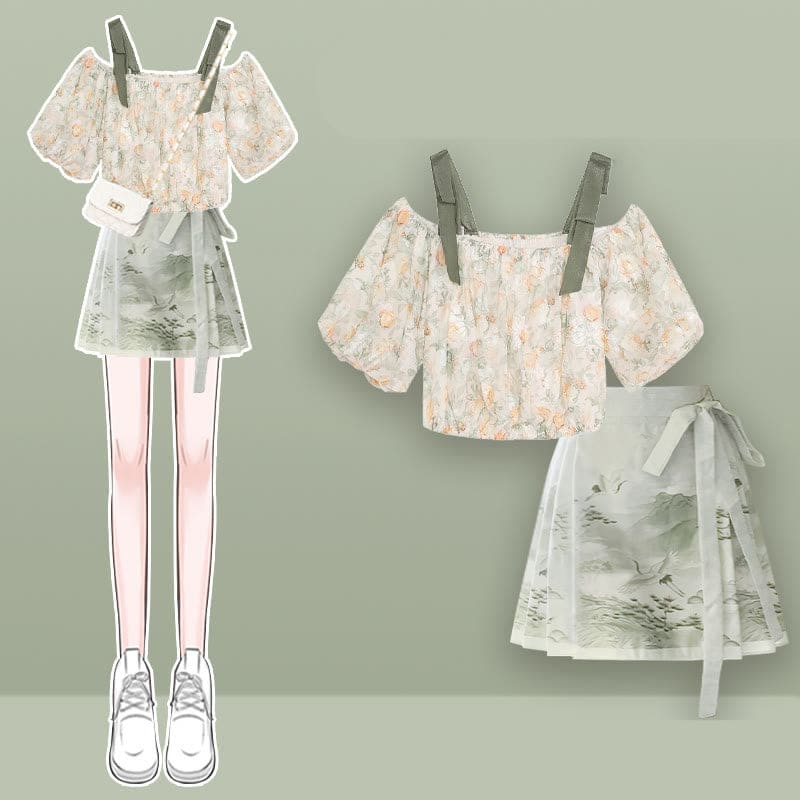 Floral Print Off T-shirt Vintage Pleated Skirt - Set / M