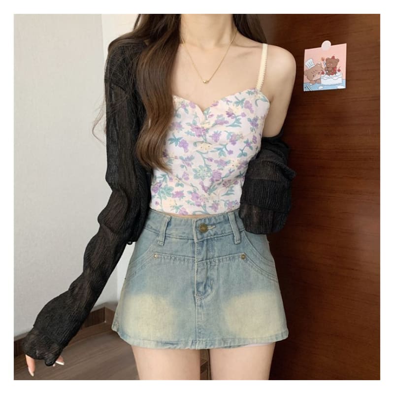 Floral Print Shirred Camisole Top / V