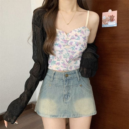 Floral Print Shirred Camisole Top / V - Cardigan - Black