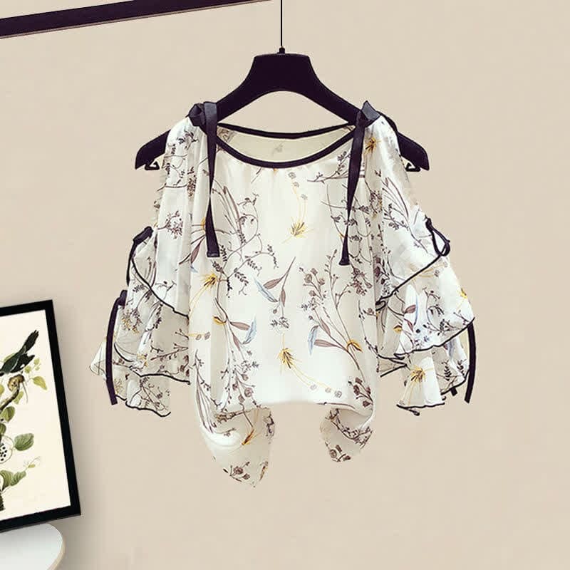 Floral Print Shoulder Chiffon Shirt Flowers Skirt - Shirt