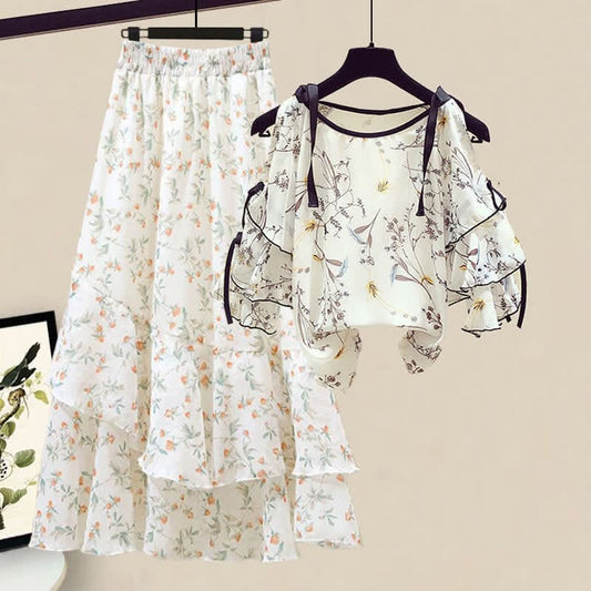 Floral Print Shoulder Chiffon Shirt Flowers Skirt - Shirt