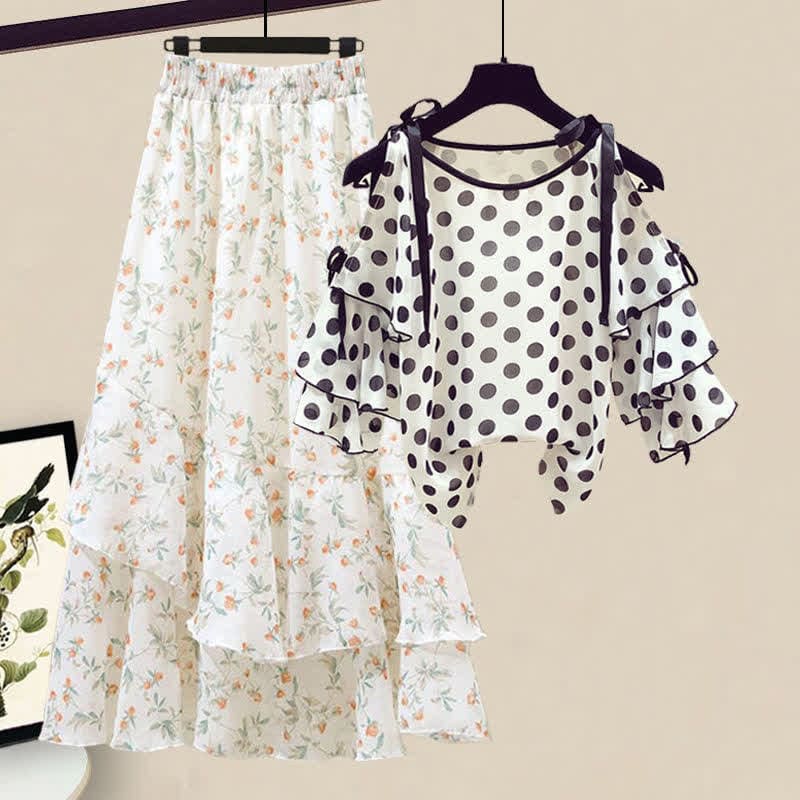 Floral Print Shoulder Chiffon Shirt Flowers Skirt - Shirt B