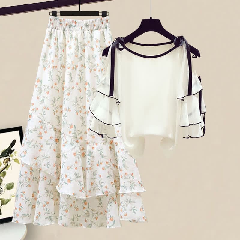 Floral Print Shoulder Chiffon Shirt Flowers Skirt - Shirt C