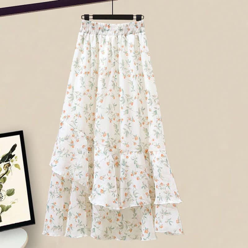 Floral Print Shoulder Chiffon Shirt Flowers Skirt - Skirt