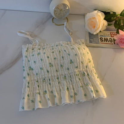 Floral Print Smocked Ruffled Camisole Top - Green / One Size