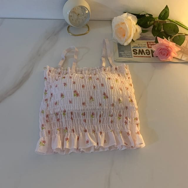 Floral Print Smocked Ruffled Camisole Top - Pink / One Size