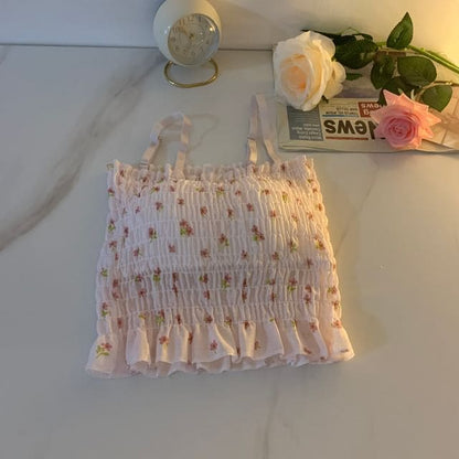 Floral Print Smocked Ruffled Camisole Top - Pink / One Size