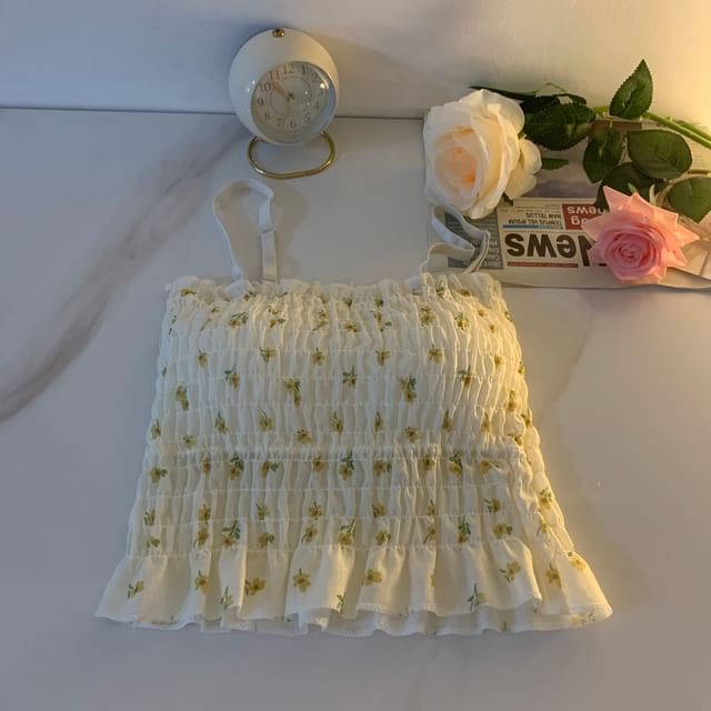 Floral Print Smocked Ruffled Camisole Top - Yellow