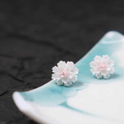 Floral Resin Alloy Stud Earring - 1 Pair - Pink & White