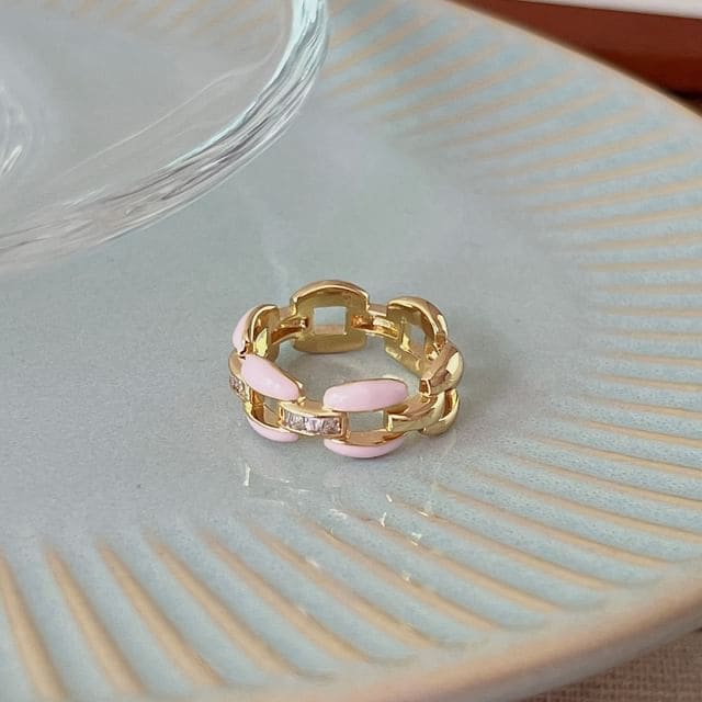 Floral / Rhinestone Chain Open Ring - Chain - Pink