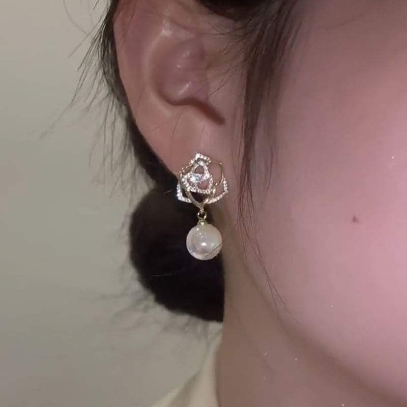 Floral Rhinestone Faux Pearl Drop Earring