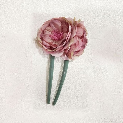 Floral U Shape Hair Stick - Dark Pink Flower - Green