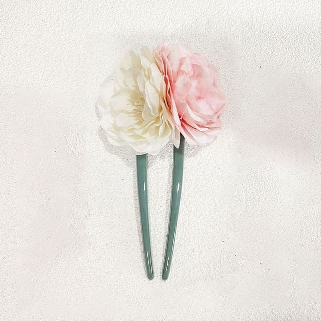 Floral U Shape Hair Stick - White & Light Pink - Green