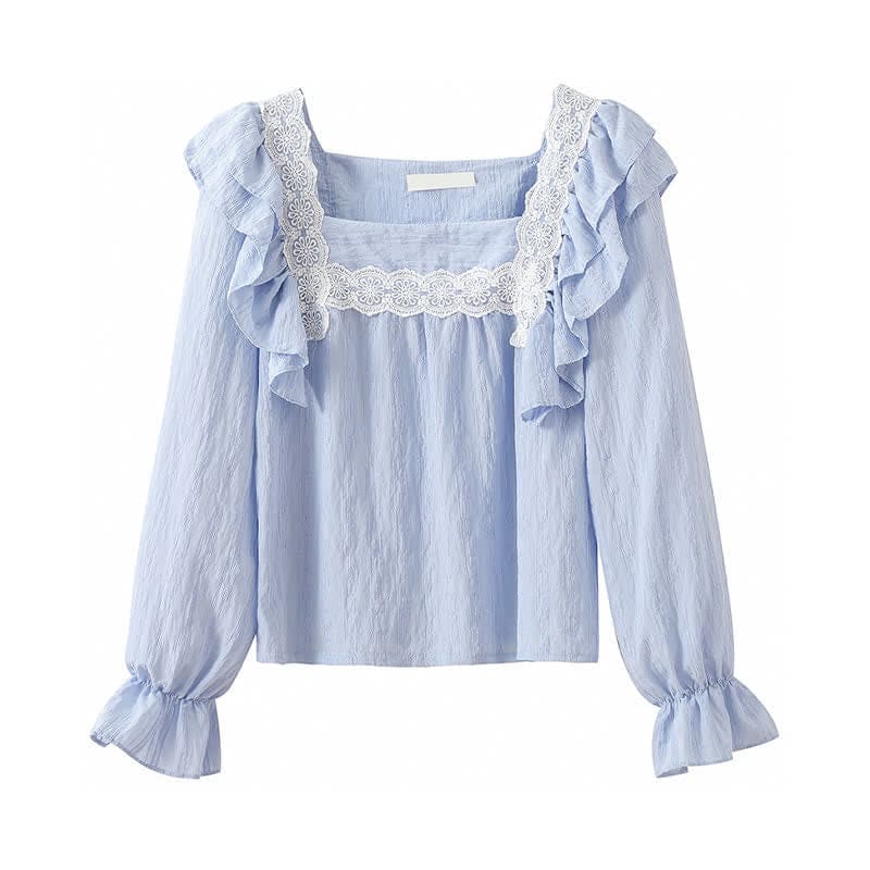 Flouncing Loose Shirt High Waist Pleated Skirt - Blue Shirt