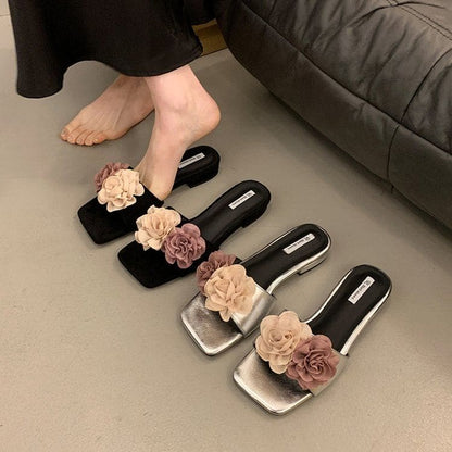 Flower Accent Chunky Heel Slide Sandals