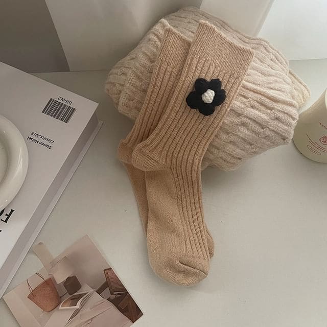 Flower Accent Ribbed Socks - Black Flower - Khaki / One Size