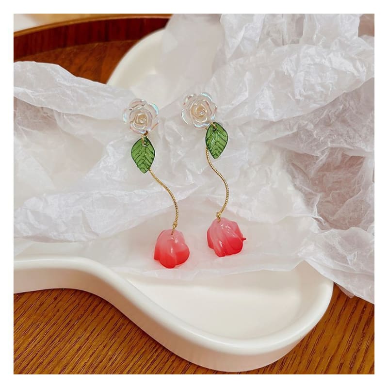 Flower Alloy Dangle Earring - 1 Pair - E859-1 - Red