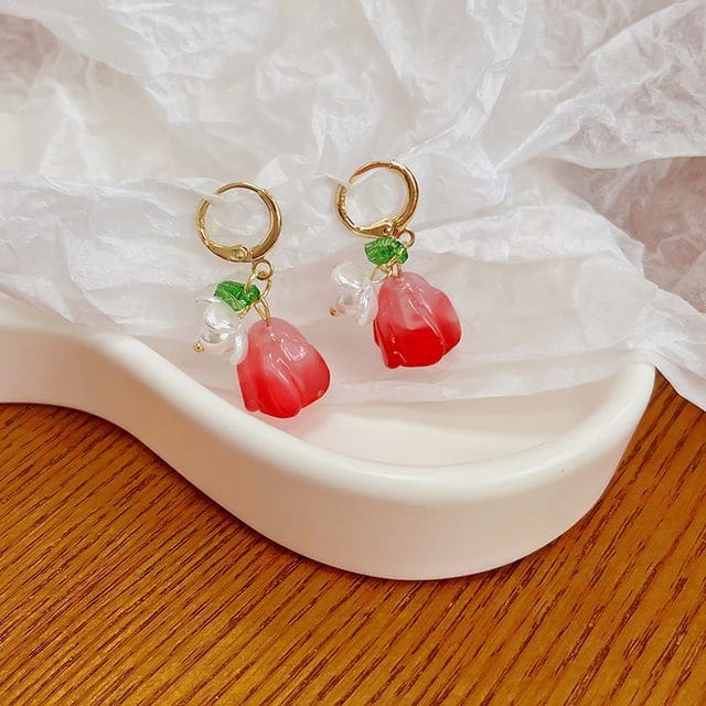 Flower Alloy Dangle Earring - 1 Pair - E859-1 - Red