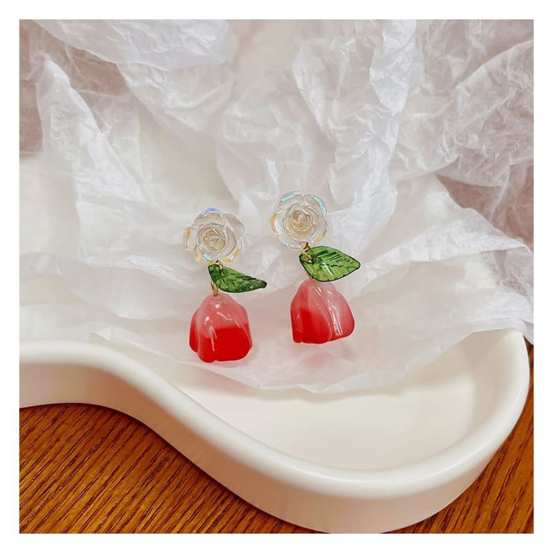 Flower Alloy Dangle Earring - 1 Pair - E859-1 - Red