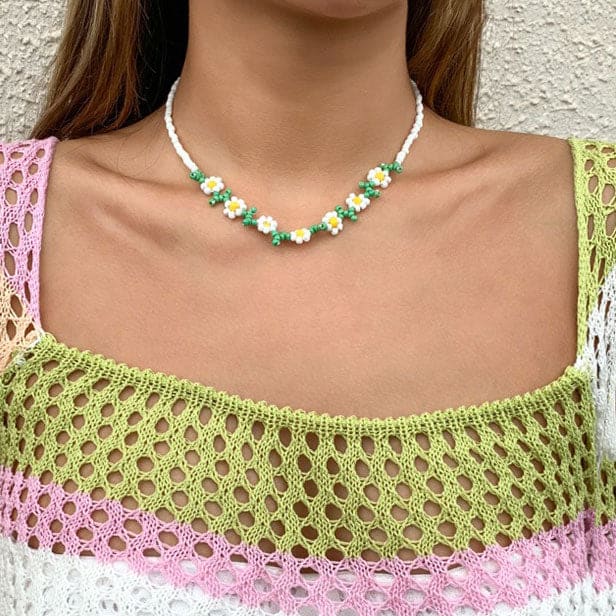 Flower Beaded Choker Necklace - Necklace