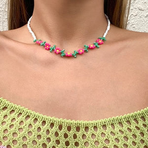 Flower Beaded Choker Necklace - Necklace