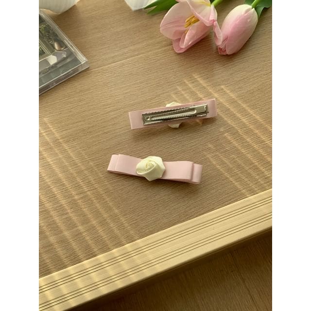 Flower Bow Hair Clip - Rose - Pink / One Size