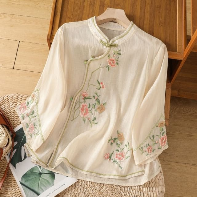 Flower Embroidered Blouse - Almond / M