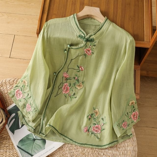 Flower Embroidered Blouse - Green / M