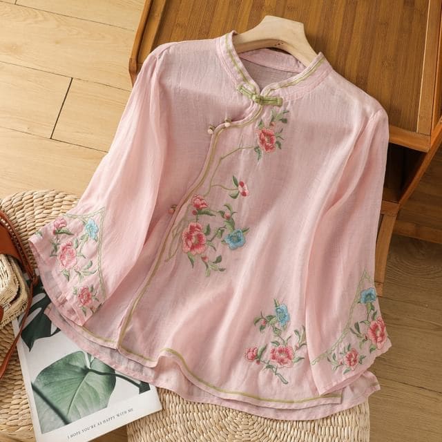 Flower Embroidered Blouse - Pink / M