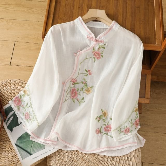 Flower Embroidered Blouse - White / M