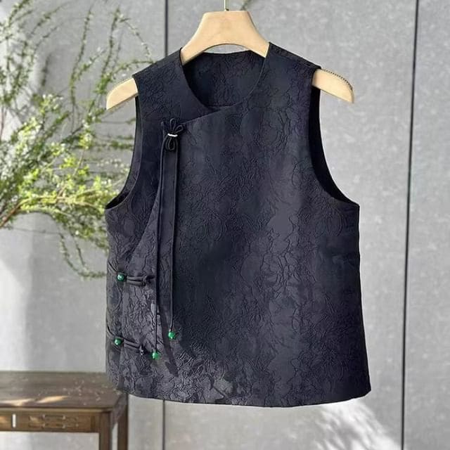 Flower Embroidered Frog-Button Hanfu Vest - Black / M