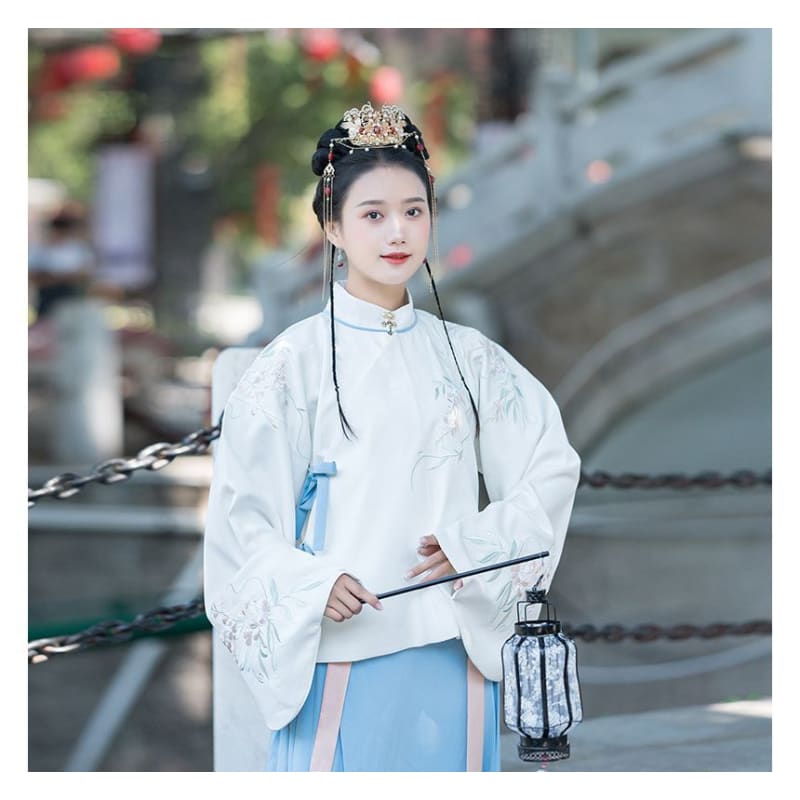 Flower Embroidered Hanfu Blouse / High Waist Maxi