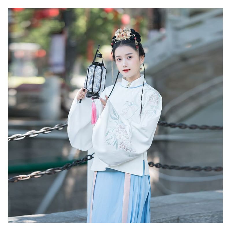 Flower Embroidered Hanfu Blouse / High Waist Maxi