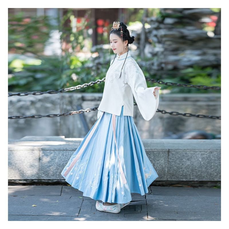 Flower Embroidered Hanfu Blouse / High Waist Maxi