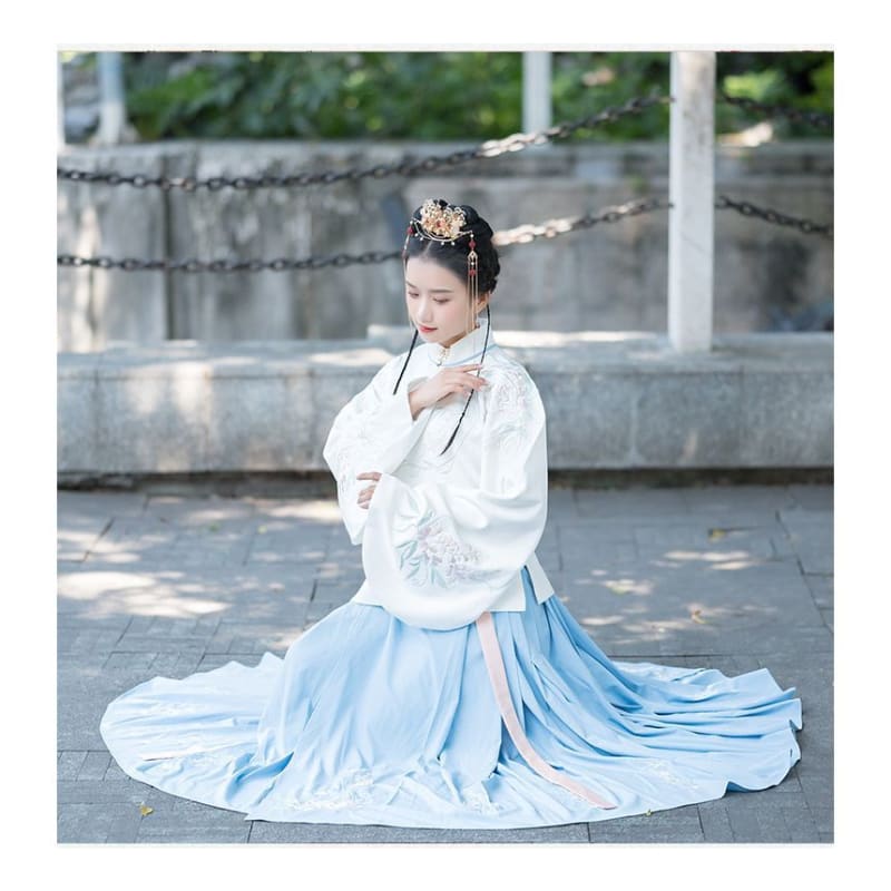 Flower Embroidered Hanfu Blouse / High Waist Maxi