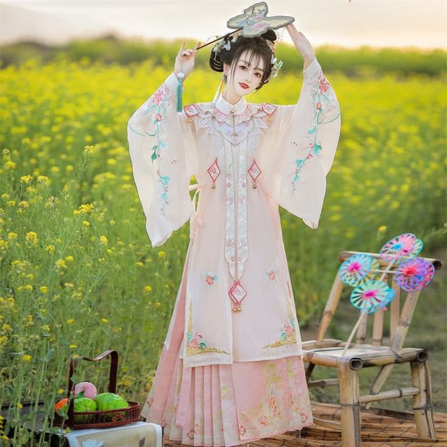 Flower Embroidered Hanfu Set - Set - Yellow / S