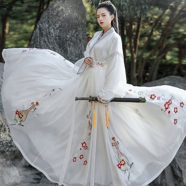 Flower Embroidered Hanfu Top / High Waist Maxi Skirt / Long