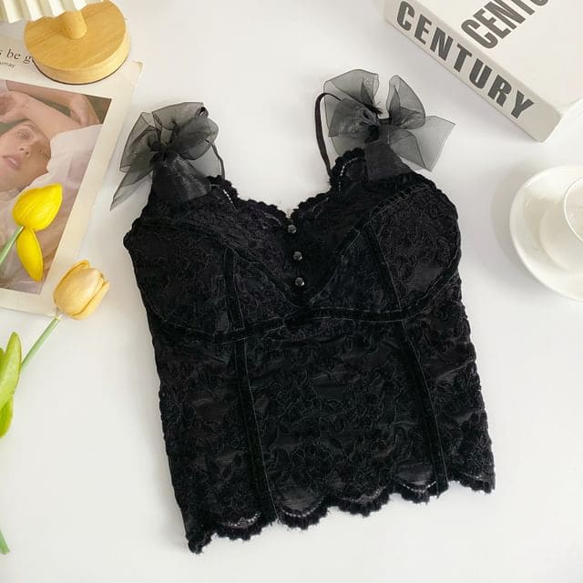 Flower Embroidered Lace Camisole Top - Black / One Size