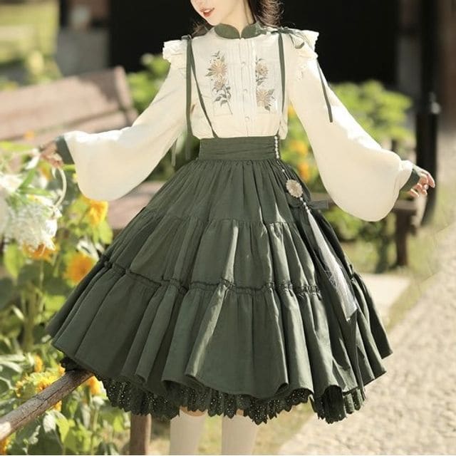 Flower Embroidered Lace Trim Lolita Blouse / Midi Jumper